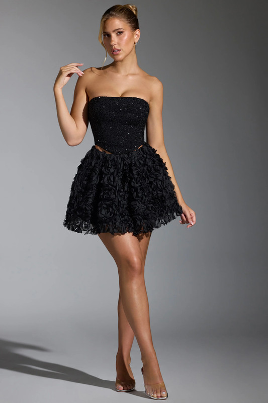 Floral-Appliqué Mini Skirt in Black - UK Size:10